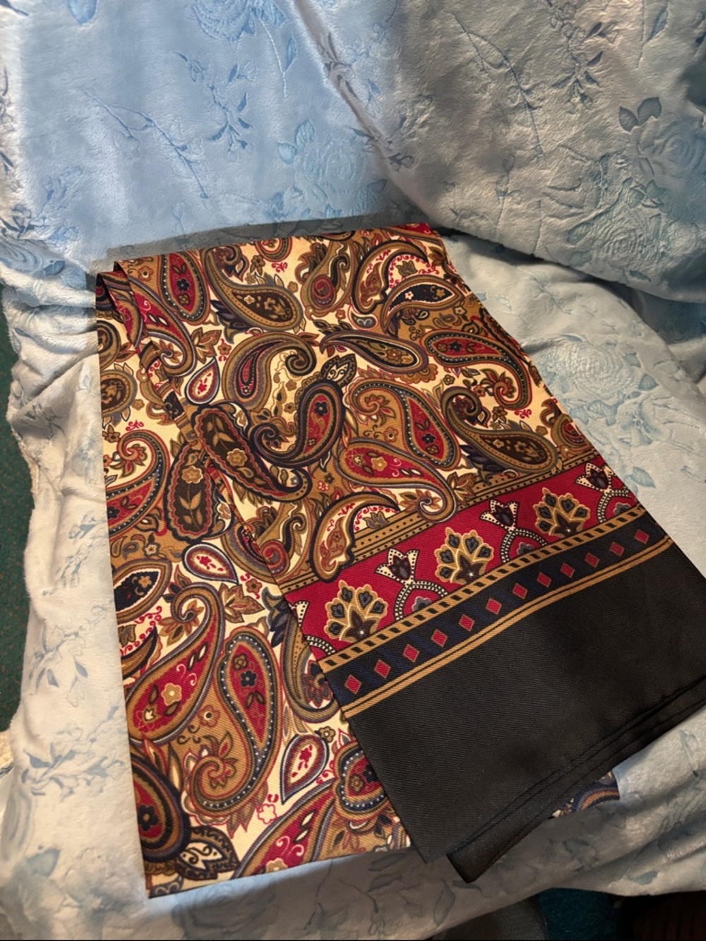 Paisley Print Scarf with Rich Red and Gold Accents